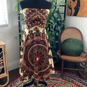 Vintage 70s Handmade Boho Mandala Batik Strapless Convertible Tie Back Dress